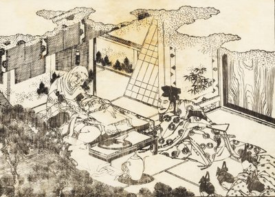 Een oude vrouw, misschien een boeddhistische non, zit en een jonge vrouw leest iets voor aan haar door Katsushika Hokusai